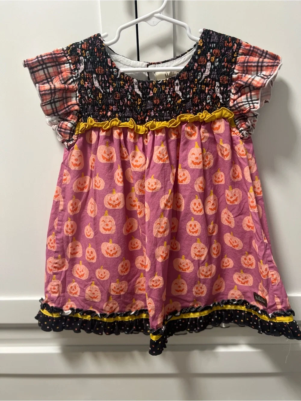 Matilda Jane Pink Jack-O-Jubilee Pumpkin Smocked Top with Yellow Legging 8